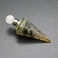 Close-up detail of natural tourmaline gravel inside a resin hexagonal cone bottle pendant - Hexagonal Cone (Silver Tone) / Black Rutilated Quartz-Silver Tone