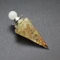 Detail view of a hexagonal resin cone pendant with tourmaline stones and copper coil - Hexagonal Cone (Silver Tone) / Citrine-Silver Tone