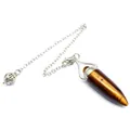 Close-up of a tiger eye stone bullet pendulum pendant with silver chain and filigree ball. - Tiger's Eye