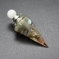 Macro detail of hexagonal resin cone pendant with tourmaline stones and copper coil - Labradorite-Silver