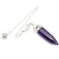 Detailed view of a purple amethyst bullet pendulum pendant with silver chain links. - Amethyst