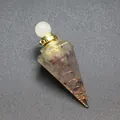 Detailed view of hexagonal resin cone pendant with tourmaline and copper coil - Rainbow Fluorite-Gold Tone