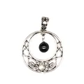 Macro view of a retro hollow round moon pendant featuring a black natural stone bead - Obsidian