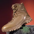 Detailed side view of high-top tan tactical outdoor desert boots on a mossy rock surface. - 39 / Brown