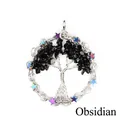 Silver wire-wrapped tree of life pendant featuring black natural obsidian chips - Obsidian Round Shape / Silver