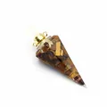 Close-up of hexagonal cone resin aromatherapy bottle featuring natural tiger eye stones. - Tiger Eye-Gold