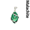 Natural malachite marquise-shaped gemstone pendant with silver-plated hollow wrap detail - Marquise Hollow Wire Wrapped Pendant / Malachite