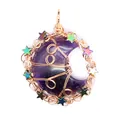 Detailed view of handmade wire-wrapped amethyst moon pendant featuring colorful stars - Hand Wrapped Moon Pendant (Rose Gold Frame) / Amethyst (Rose Gold)