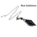 Hexagonal blue goldstone crystal dowsing pendulum with silver chain and clear beads - Blue Sandstone