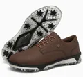 Detailed view of brown leather golf shoes with professional spiked non-slip soles. - 40 / Brown