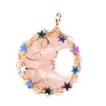 Close-up of a hand-woven rose quartz moon pendant decorated with iridescent star accents - Hand Wrapped Moon Pendant (Rose Gold Frame) / Rose Quartz (Rose Gold)