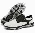 Detail of golf shoe sole featuring professional anti-slip spikes and black white leather upper. - 40 / Black and White