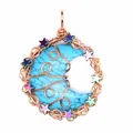 Close-up detail of hand-woven copper wire-wrapped blue moon pendant with stars - Hand Wrapped Moon Pendant (Rose Gold Frame) / Blue Turquoise (Rose Gold)