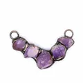 Detailed view of a vintage raw amethyst crystal pendant with rustic metal frame. - Amethyst Spliced Style