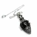 Detail of antique silver egg-shaped black stone pendulum with pentagram engraving - Pendant With Pendulum Chain / Obsidian
