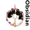 Handcrafted copper wire Tree of Life pendant featuring black obsidian chips and stars. - Obsidian Round Shape / Rose Gold