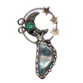 Detailed macro view of retro bronze moon and star pendant with iridescent labradorite stone - Labradorite Star Moon Wire Wrapped Style
