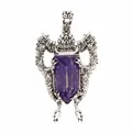 Close-up of antique silver double dragon shield pendant featuring a purple crystal stone - Pendant Only (Without Chain) / Amethyst
