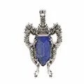 Detailed view of an vintage silver double dragon shield pendant with blue lapis stone - Pendant Only (Without Chain) / Lapis Lazuli