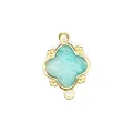 Detailed macro view of a flower shaped natural stone pendant with double 18K gold loops - Amazonite