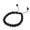 Close-up detail of 8mm natural black obsidian stone beads and durable brown woven cord - Golden Sheen Obsidian