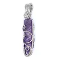 Handmade wire wrapped purple crystal hexagonal pillar pendant close-up view - Amethyst (Silver-tone Wrapped) / Purple