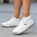 Zapatos casuales de caña alta blancos cosidos a mano con suelas planas de mujer - 35 / Blanco