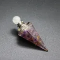 Detailed view of a hexagonal conical resin pendant with natural tourmaline stone chips - Amethyst-Silver