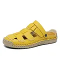 Women's yellow woven half-drag summer sandals with rubber sole and white stitching - 38 / Yellow