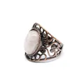 Detailed view of a vintage antique copper hollow-out ring featuring an oval natural stone. - Rose Quartz
