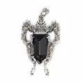 Detail view of a vintage silver double dragon shield pendant with black onyx gemstone. - Pendant Only (Without Chain) / Obsidian