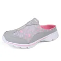 Casual women's slip-on mesh sneakers in gray and pink with flamingo floral pattern - 35 / Slip-on Mule Sneakers (8882) / Light Gray (Flamingo Print)
