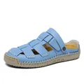 Light blue summer leather slides with breathable hollow design and stitching for women - 38 / Blue