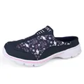 Comfortable navy blue slip-on women's sneaker with pink flamingo print and white sole - 35 / Slip-on Mule Sneakers (8882) / Deep Blue (Flamingo Print)