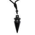 Detailed view of a polished black cone crystal pendant with a black cord necklace. - Obsidian