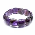 Close-up of polished natural purple amethyst slab beads on an elastic stretch bracelet - Flat Rectangular Style (aljylp1860) / 18cm Length (21x11mm Stone) / Amethyst