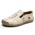 Zapatos casuales de cuero beige cosidos a mano con cremallera lateral para todos - 36 / Blanco Roto