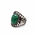 Detailed macro view of vintage bronze-tone filigree ring with green malachite gemstone. - Malachite