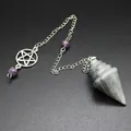 Detailed view showing the natural stone cone pendulum with pentagram charm and purple beads. - Pentagram Chain Pendulum (aljyll1722) / Labradorite