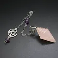 Detail view of conical rose quartz pendulum with pentagram charm and amethyst beads - Pentagram Chain Pendulum (aljyll1722) / Rose Quartz