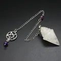 Macro view of a natural white crystal conical pendulum with a silver pentagram chain - Pentagram Chain Pendulum (aljyll1722) / White Crystal