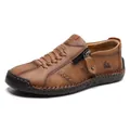Zapato casual de cuero marrón cosido a mano con cremallera lateral y suela de goma - 36 / Marrón
