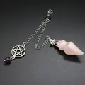 Detail view of natural rose quartz hexagonal cone pendulum with pentagram charm chain - Rose Quartz