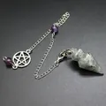 Detailed view of labradorite hexagonal cone pendulum with amethyst beads and pentagram - Labradorite