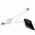 Detailed view of a black cone-shaped crystal stone pendulum with a pentagram chain - Pentagram Chain Pendulum (aljyll1722) / Obsidian