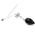 Faceted black stone conical crystal pendulum featuring silver lotus charm and purple beads - Obsidian