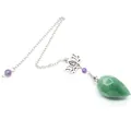 Close-up of green crystal dowsing pendulum with silver lotus charm and amethyst beads. - Aventurine Jade