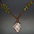 Detail view of a bohemian woven necklace with raw crystal pendant and peridot stone chips - Hand-Woven Net Pouch / White Crystal