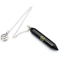 Detail of black hexagonal crystal pendulum pendant featuring a golden Om symbol on silver chain - Obsidian