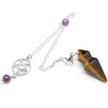 Hexagonal tiger's eye dowsing pendulum with pentagram charm and amethyst beads - Tiger's Eye